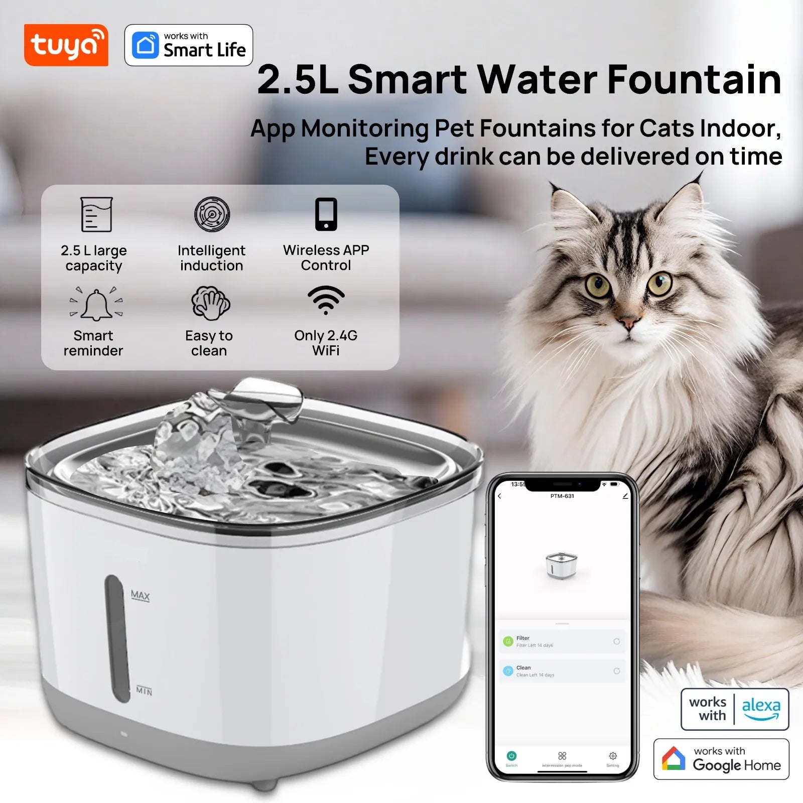 PetLuxe™ Smart App-Controlled Water Fountain – 2.5L SUS304 Stainless Steel Automatic Dispenser