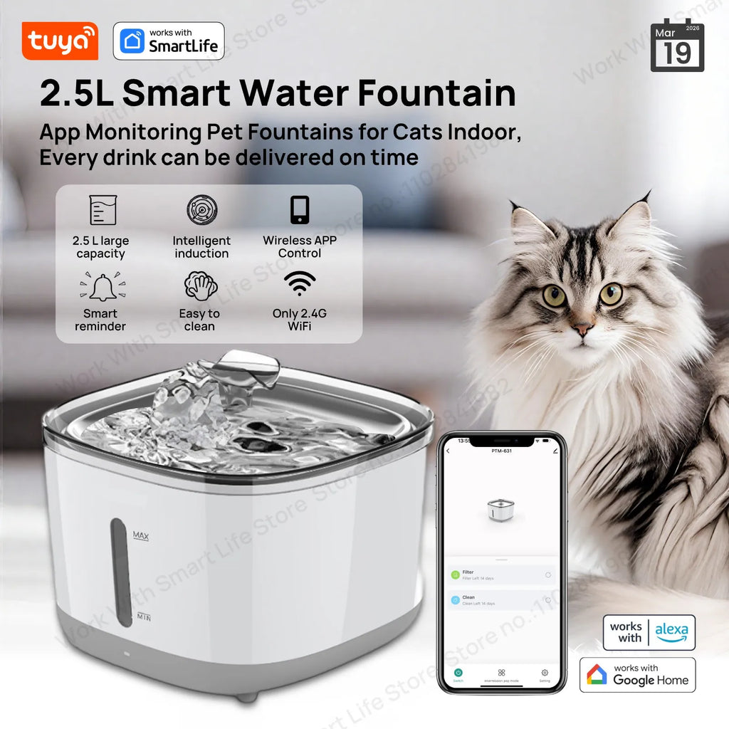 PetLuxe™ Smart App-Controlled Water Fountain – 2.5L SUS304 Stainless Steel Automatic Dispenser